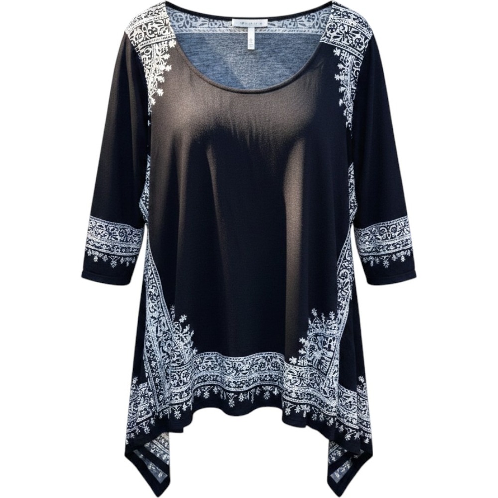 Rose + Olive Black White Paisley Sharkbite Hem Tunic Top 3/4 Sleeve 3X NWT